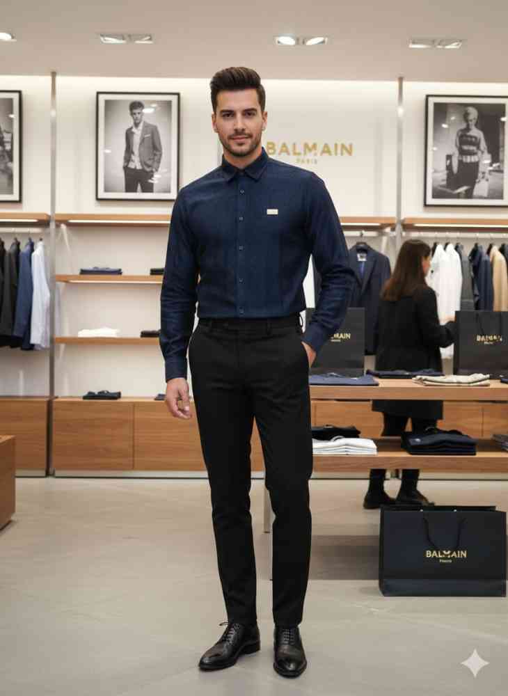 Blue Balmain Embroidered Grey Premium Cotton Shirt
