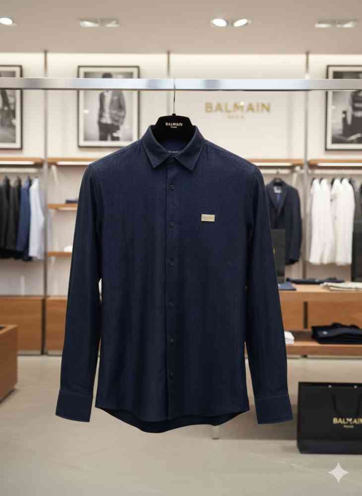 Balmain Embroidered Blue Premium Cotton Shirt-thumb-2
