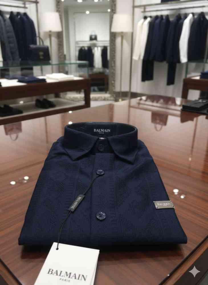Balmain Embroidered Blue Premium Cotton Shirt-thumb-3