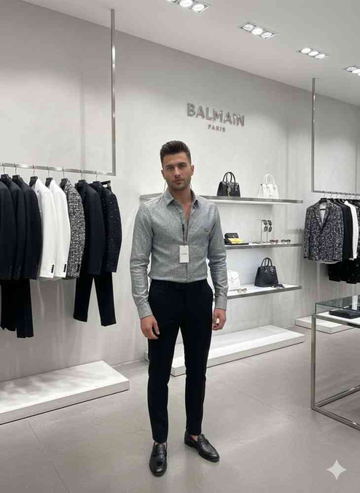 Balmain Embroidered Grey Premium Cotton Shirt-thumb-1