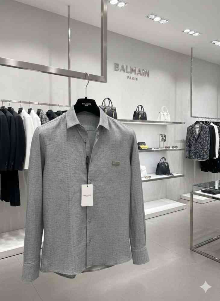 Balmain Embroidered Grey Premium Cotton Shirt-thumb-2