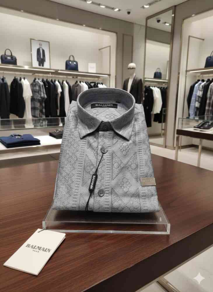 Balmain Embroidered Grey Premium Cotton Shirt-thumb-3