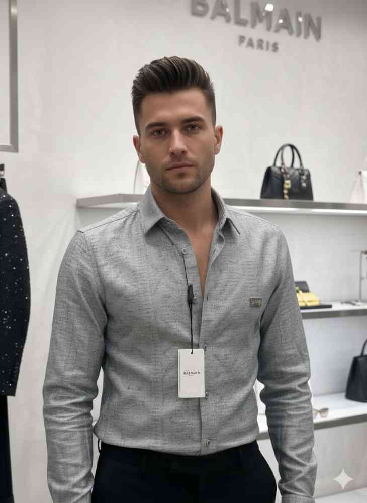 Balmain Embroidered Grey Premium Cotton Shirt-thumb-0