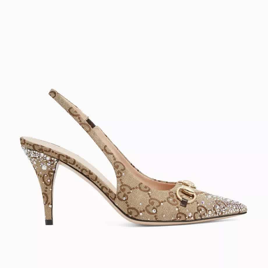 Gucci Women's Crystal Horsebit Brown Slingback Heels Sandles-thumb-0