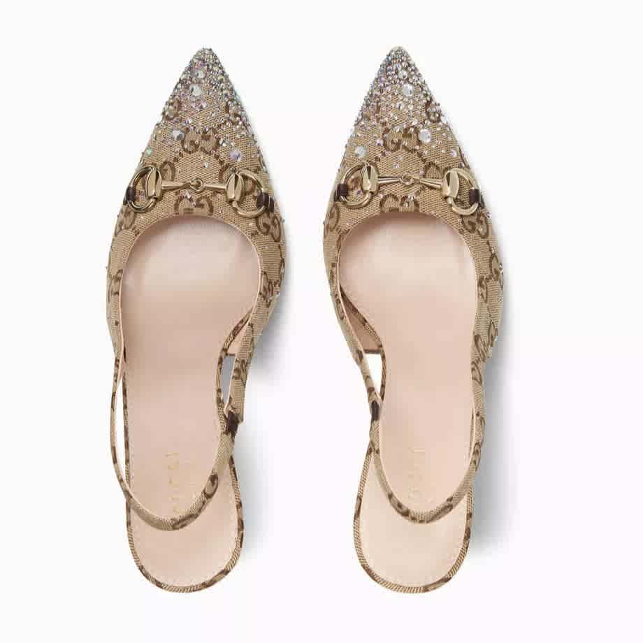 Gucci Women's Crystal Horsebit Brown Slingback Heels Sandles-thumb-3