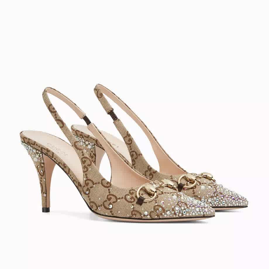 Gucci Women's Crystal Horsebit Brown Slingback Heels Sandles-thumb-4