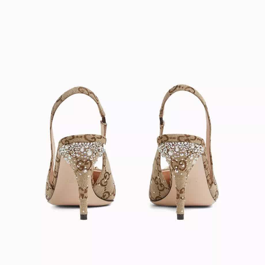 Gucci Women's Crystal Horsebit Brown Slingback Heels Sandles-thumb-1