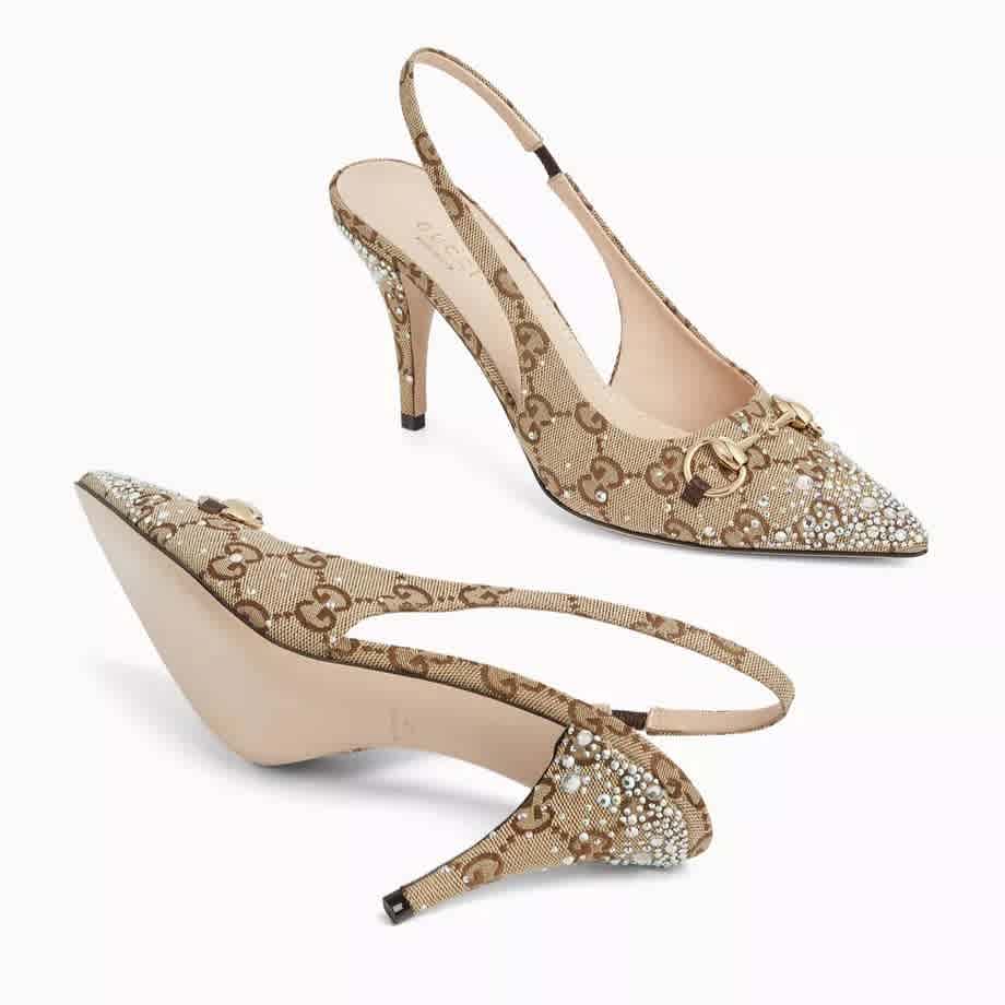 Gucci Women's Crystal Horsebit Brown Slingback Heels Sandles-thumb-2