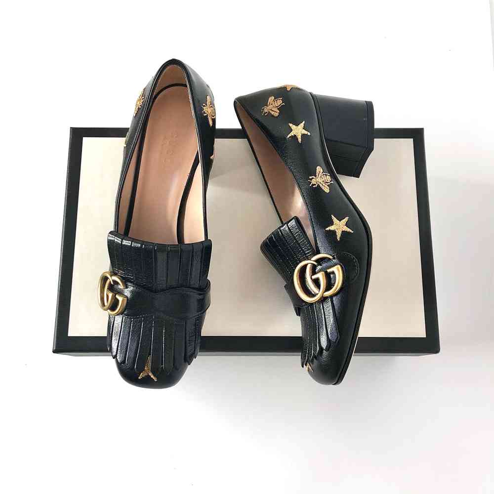 Gucci Marmont Black Mid High Heel Sandals-thumb-4