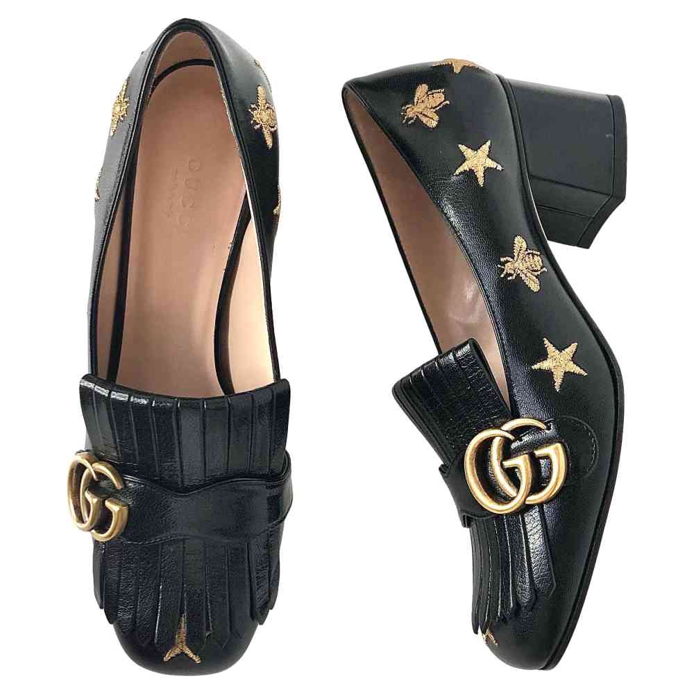 Gucci Marmont Black Mid High Heel Sandals-thumb-3