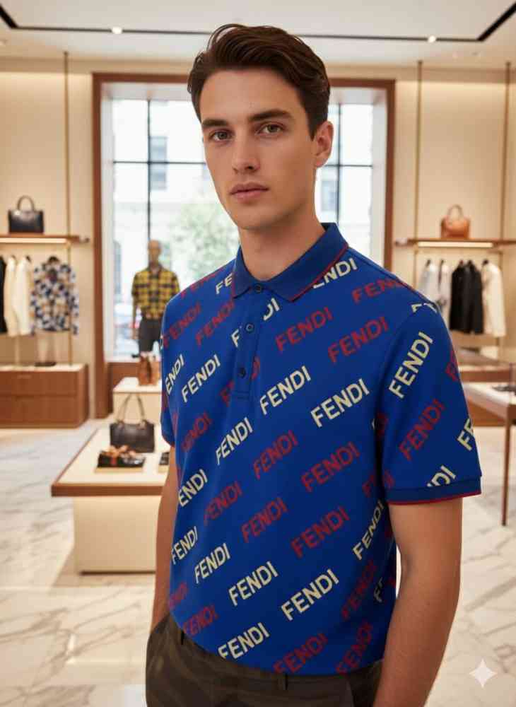 Fendi Blue Embroidery Logo Premium Baggy Fit T-shirt-thumb-0