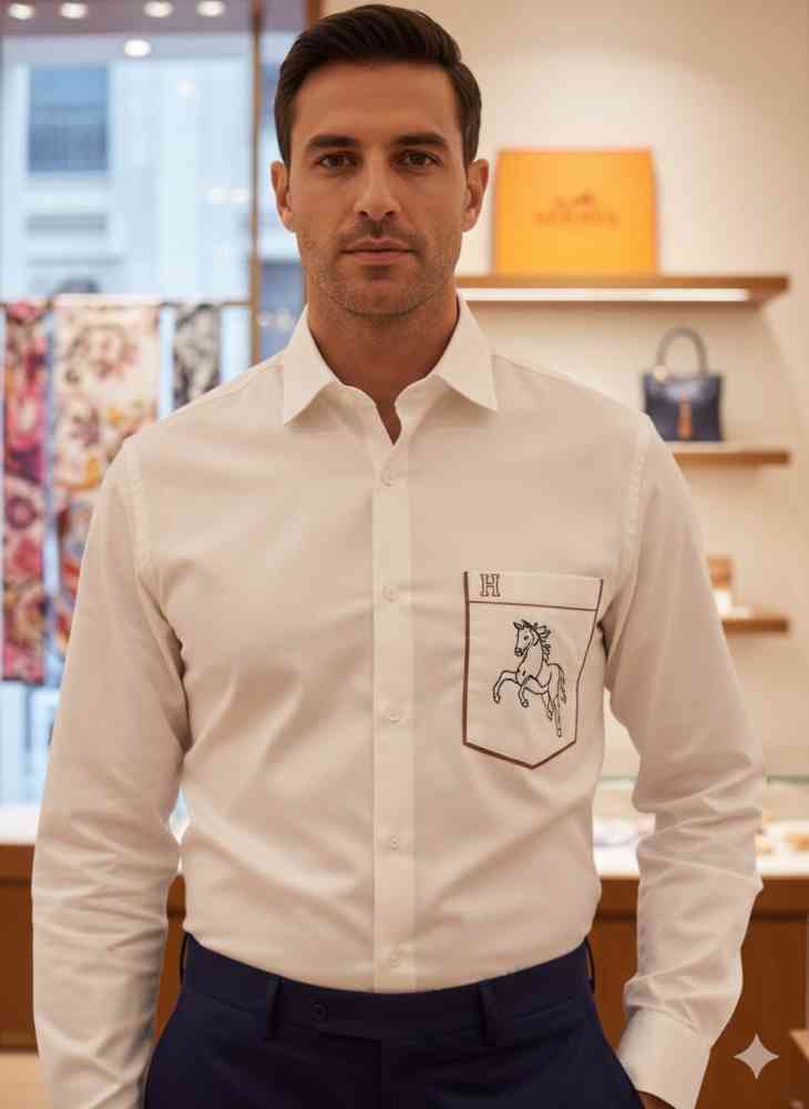 Hermès Horse Logo Embroidery White Premium Shirt-thumb-2