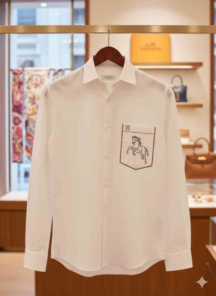 Hermès Horse Logo Embroidery White Premium Shirt-thumb-4