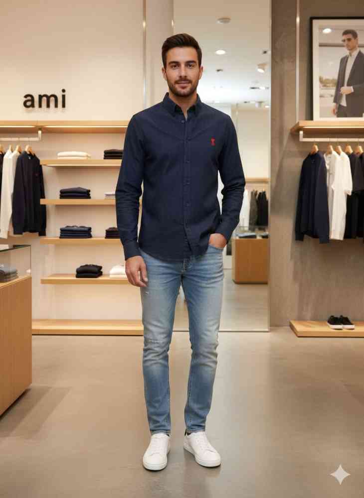 Ami Paris Heart Logo Blue Striped Shirt-thumb-0