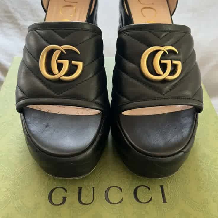 Gucci Marmont Black Mid High Heel Sandals-thumb-1