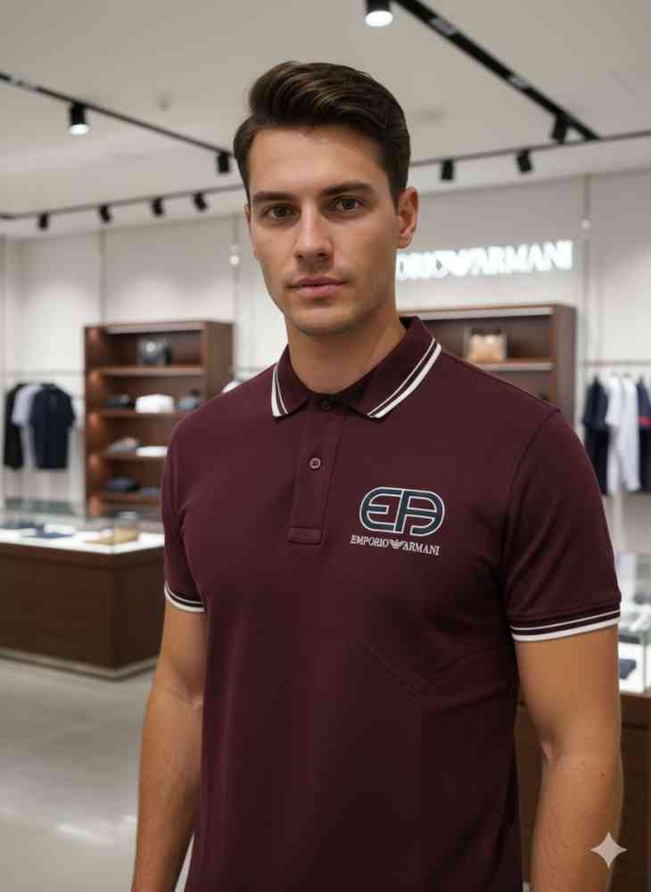 Emporio Armani Maroon Premium Collar T-shirt-thumb-1