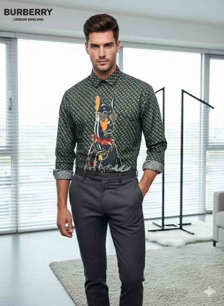 Dark Green Burberry White Premium Quality Shirt