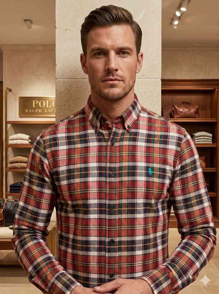 Brown Ralph Lauren Embroidered Red Premium Cotton Shirt