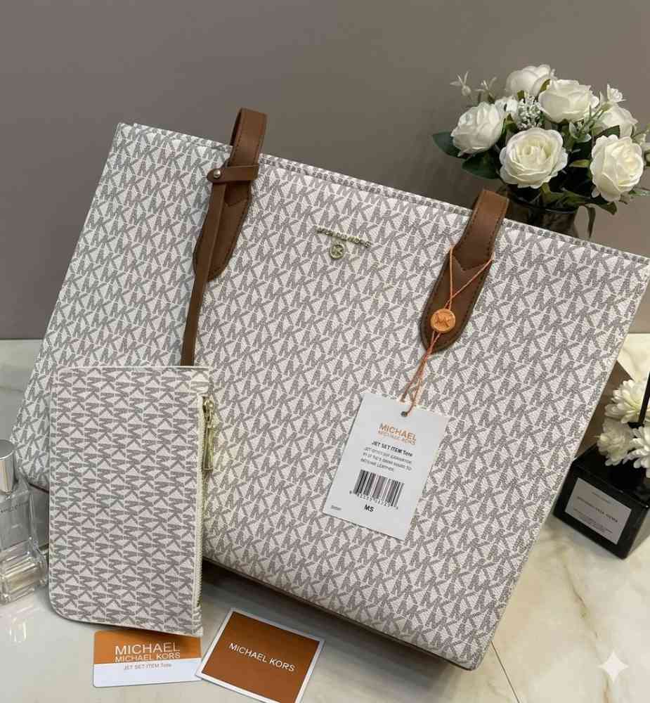 White Michael Kors On The Go Series Brown Top Handle Bag