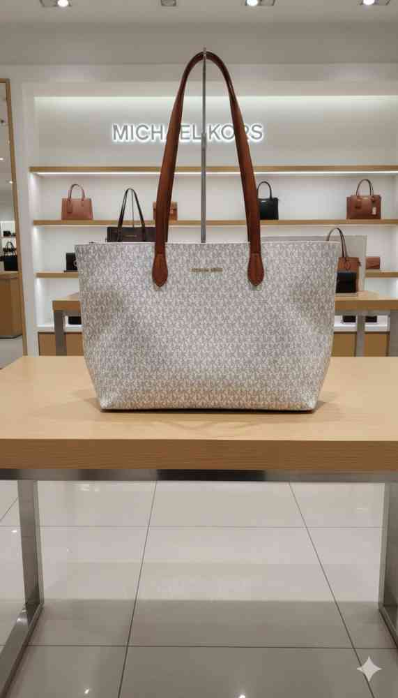 White Michael Kors On The Go Series Brown Top Handle Bag