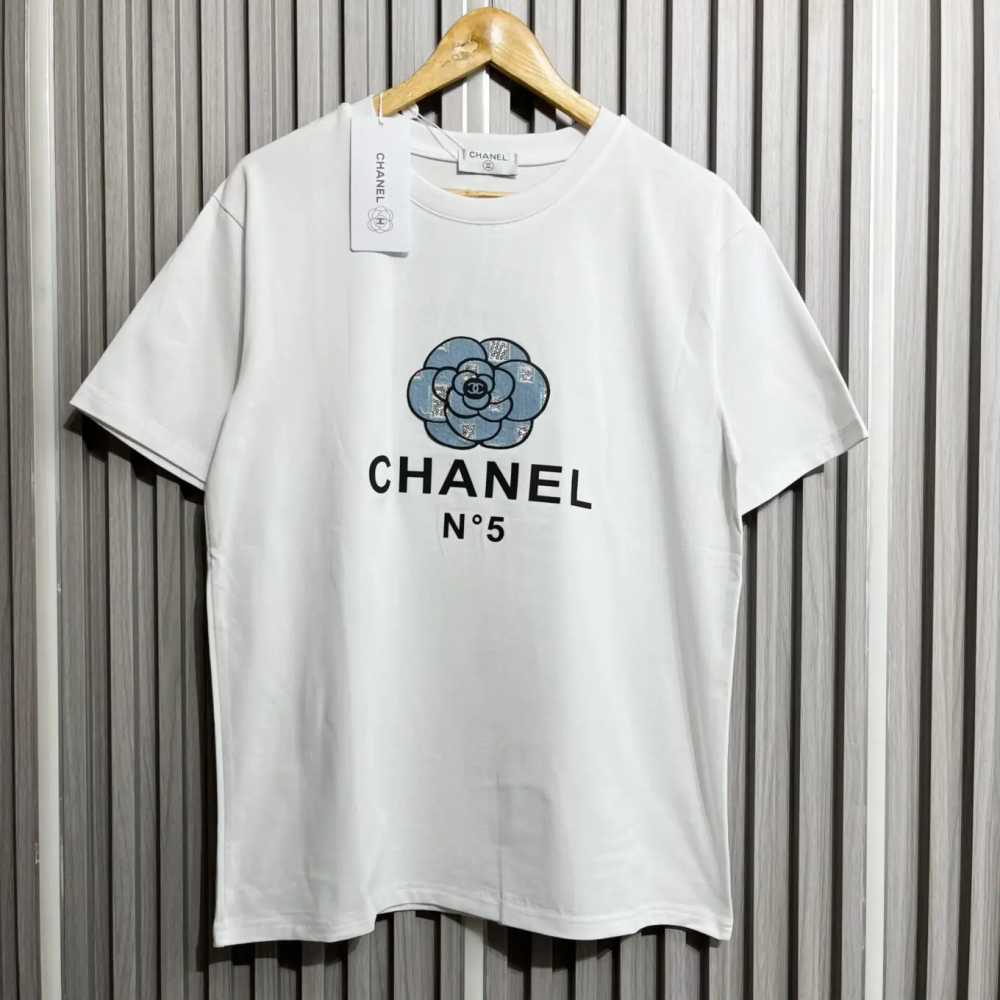 White Chanel Camellia Flower Black Premium Quality T-Shirt