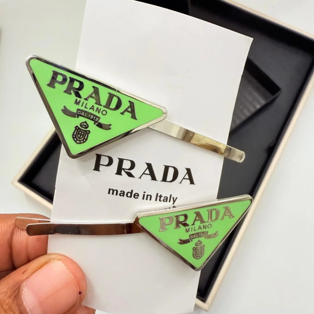 Green Prada Enameled Orange Triangle-logo Hair Clips
