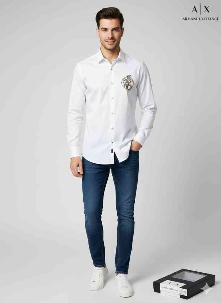 White Armani Exchange Blue Premium Quality Cotton Shirt