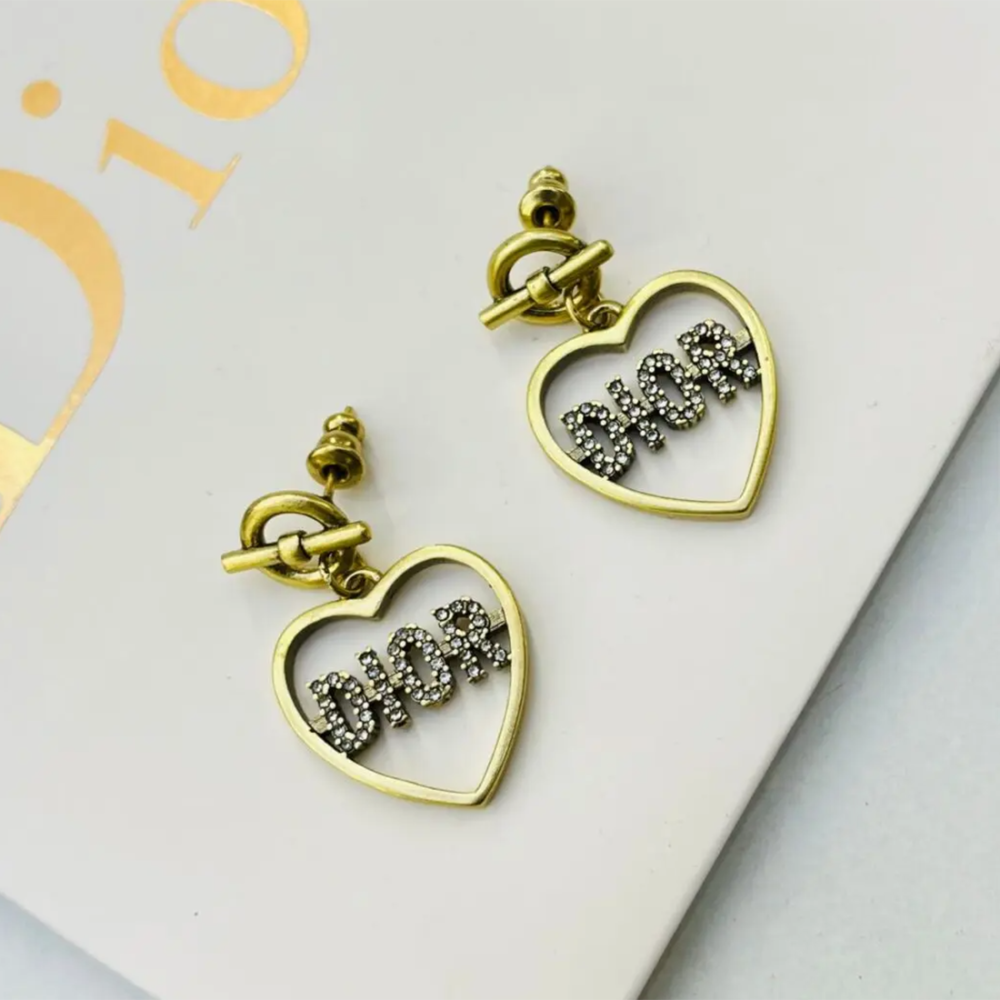 Christian Dior Open Heart Rhinestone Logo Earrings-thumb-0