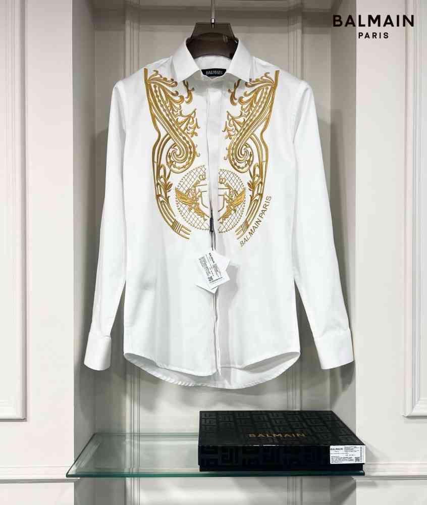 White Balmain Embroidered Black Premium Cotton Shirt