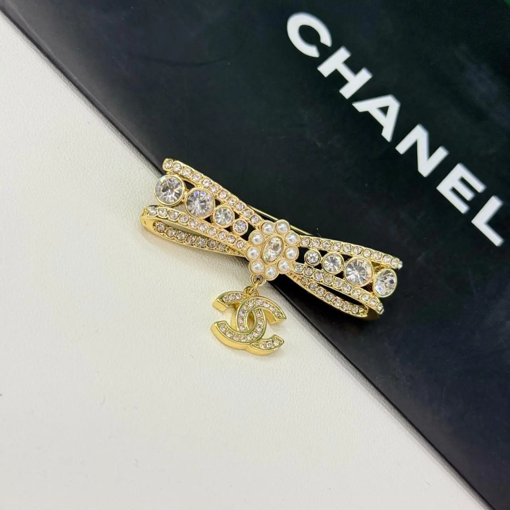 Golden Chanel Crystal & Pearl Bow Silver-Tone Brooch with CC Charm