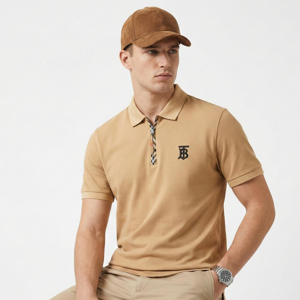 Brown Burberry Monogram Motif White Cotton Polo Shirt