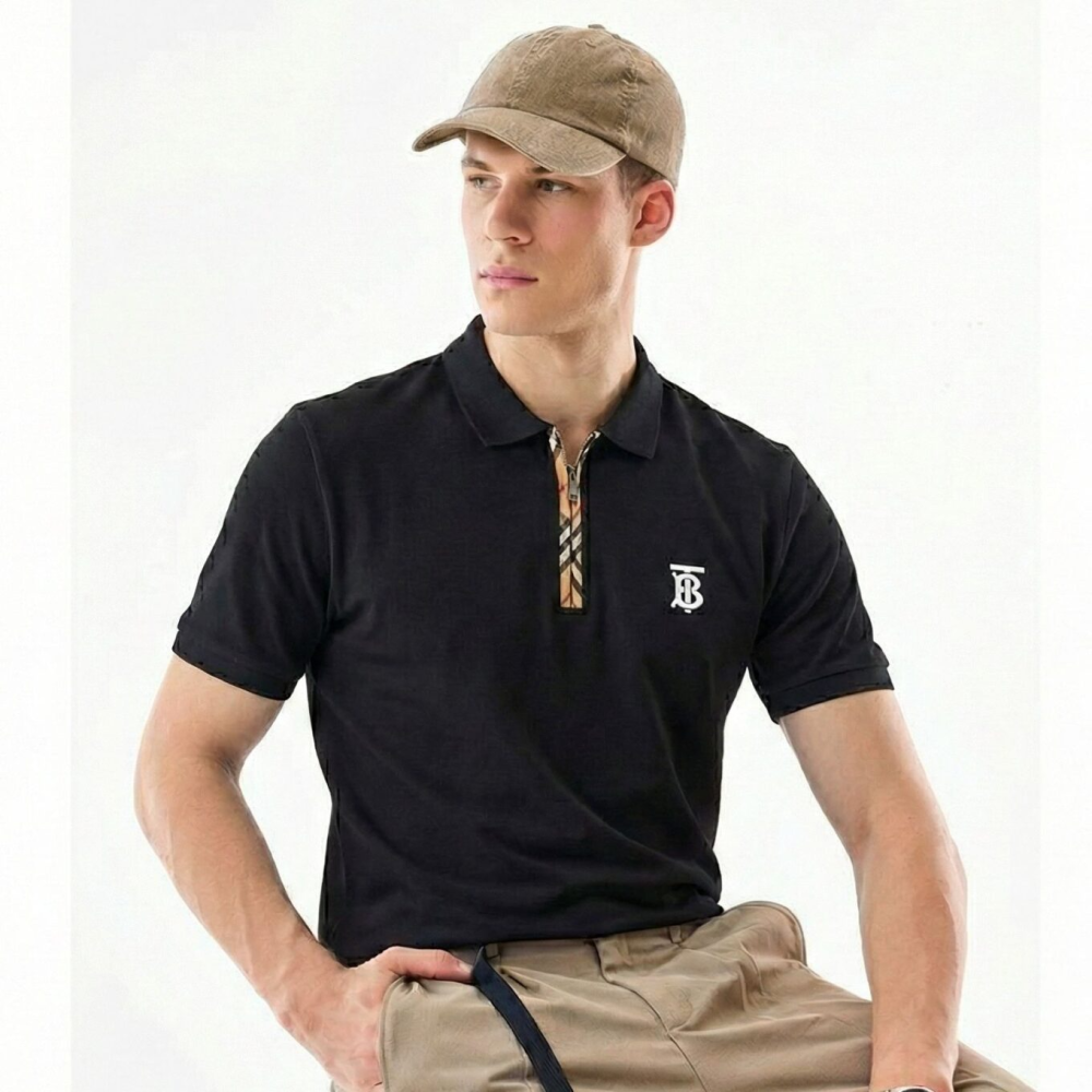Black Burberry Monogram Motif White Cotton Polo Shirt