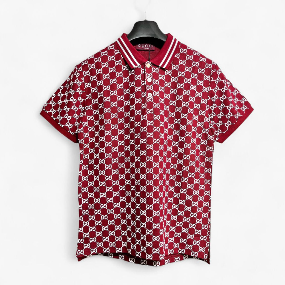 Red Gucci GG Cotton Piquet Jacquard Blue Polo Shirt