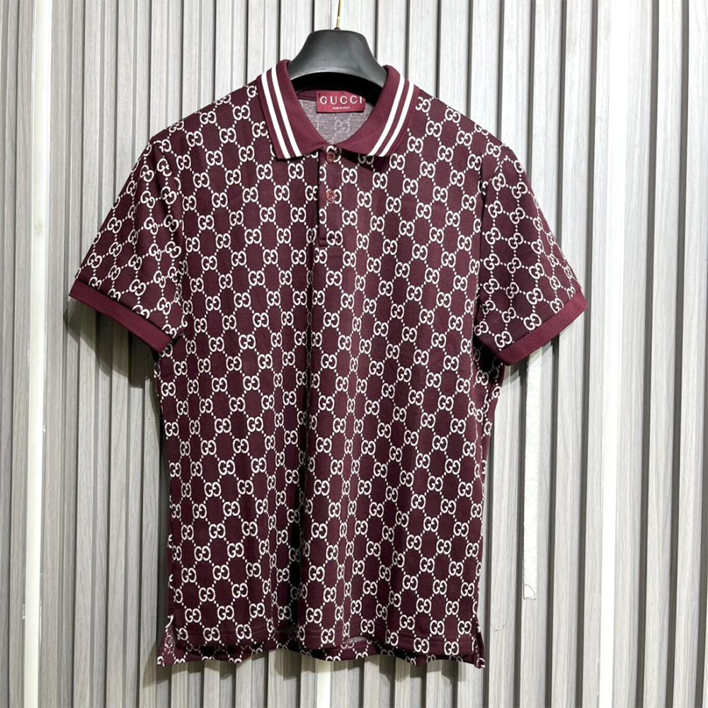 Gucci GG Cotton Piquet Jacquard Wine Polo Shirt-thumb-0