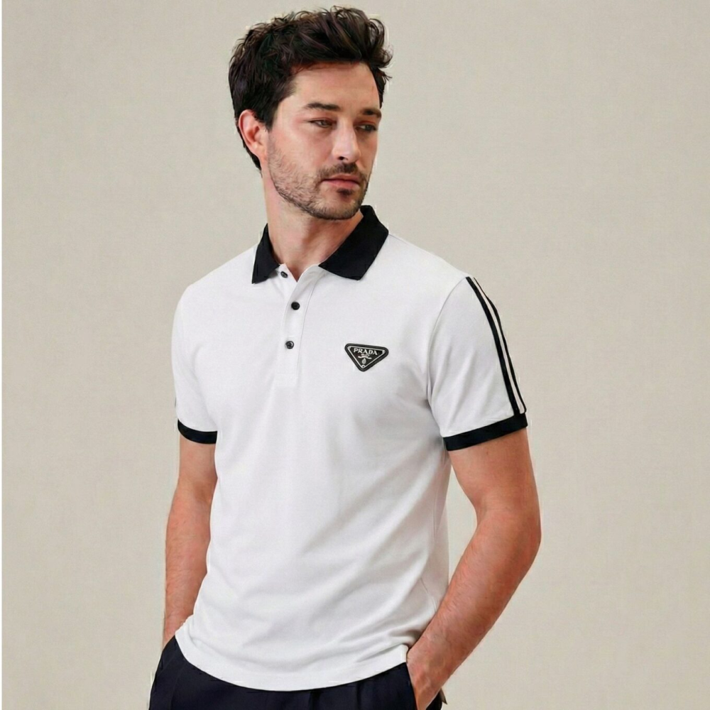 White Prada Contrast-Collar Black Cotton Polo T-shirt