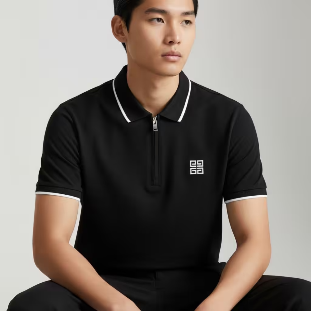 Black Givenchy 4G Logo Zip-Up White Polo Shirt