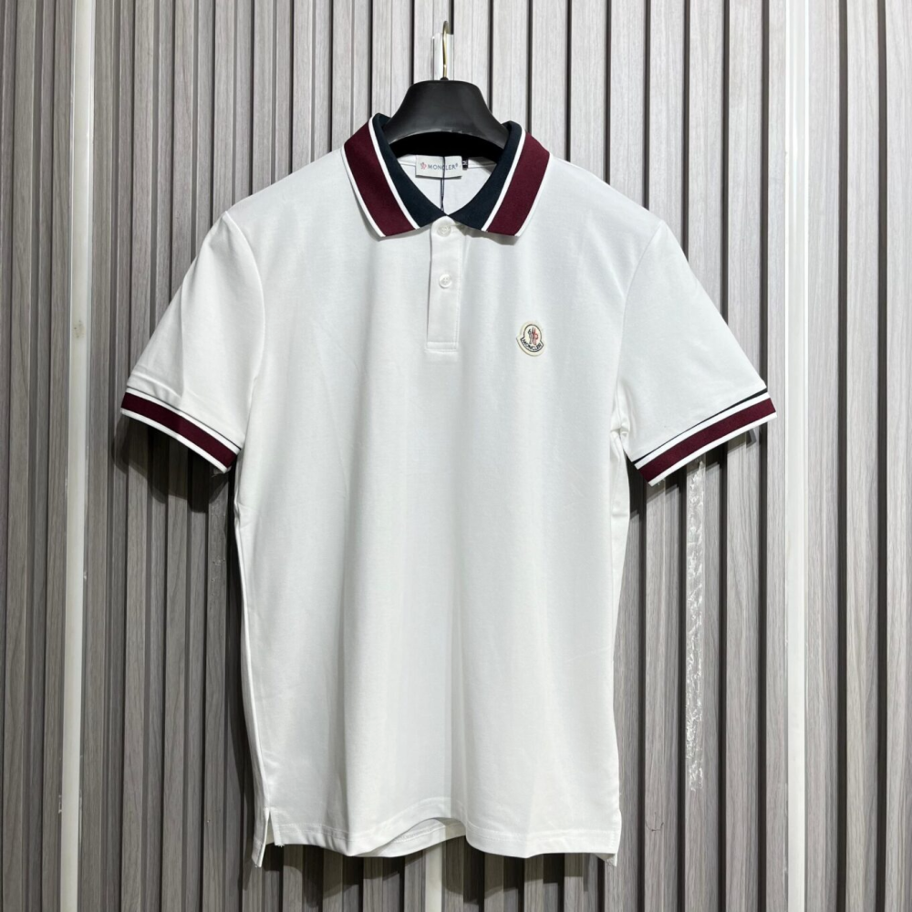 White Moncler Logo-Patch Blue Cotton Polo T-Shirt