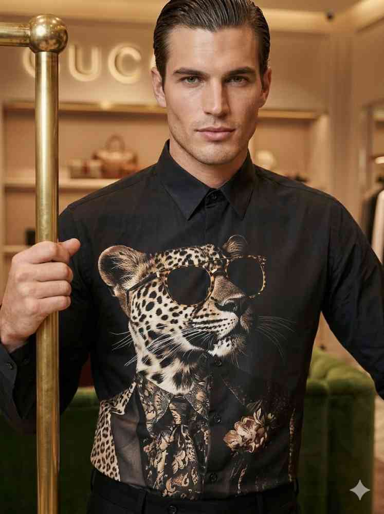 Gucci Leopard Print Black Premium Quality Cotton Shirt-thumb-0