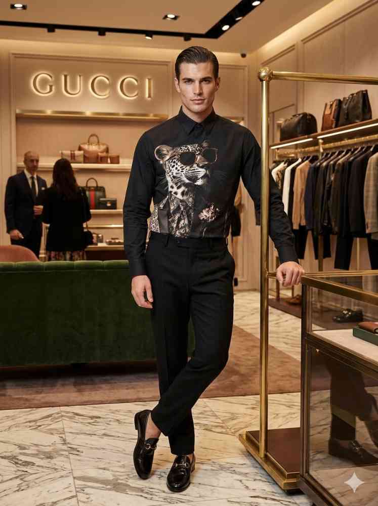 Gucci Leopard Print Black Premium Quality Cotton Shirt-thumb-1