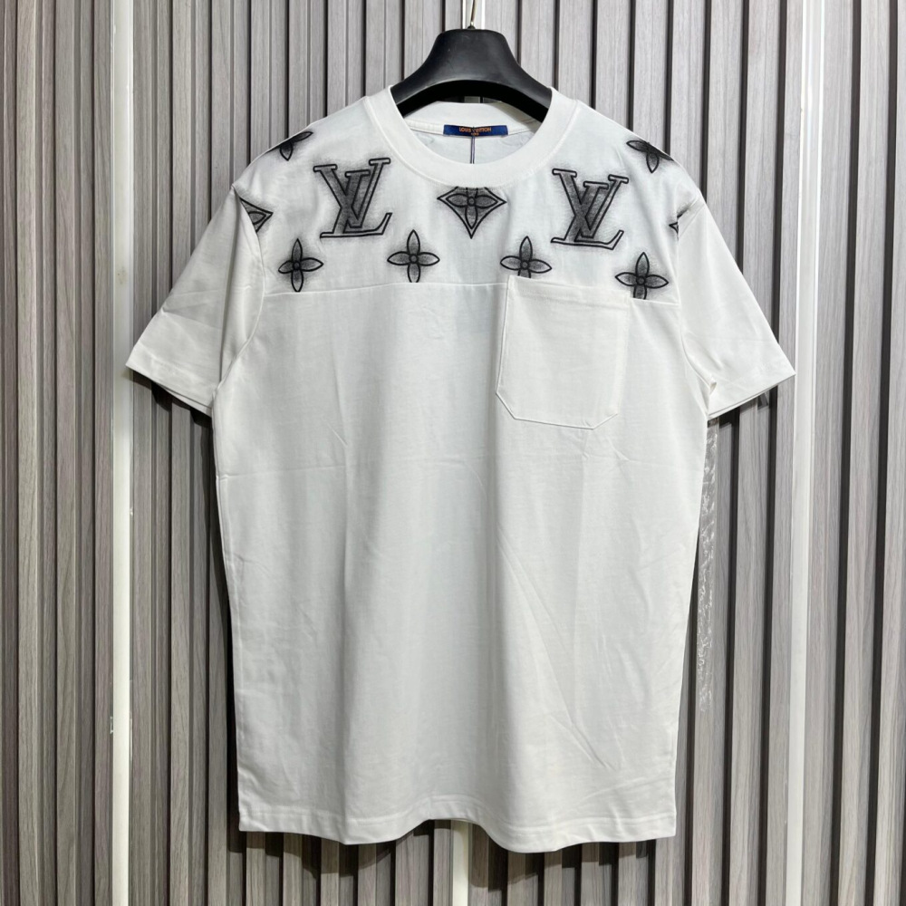 White Louis Vuitton Allover Monogram Embroidered Black Pocket T-Shirt