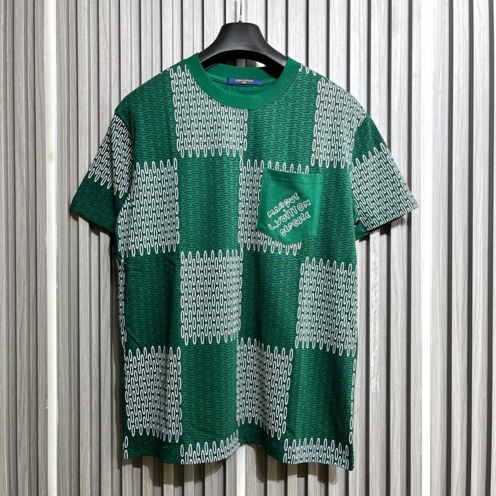 Green Louis Vuitton Damier Jacquard Short-Sleeved Black Crewneck Premium T-Shirt