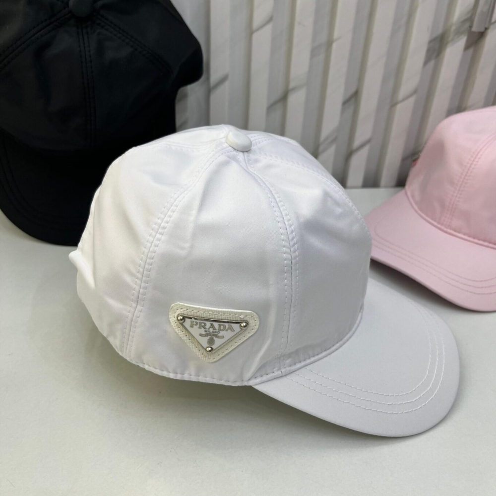 White Prada Re-Nylon Triangle Logo Cream Baseball Caps