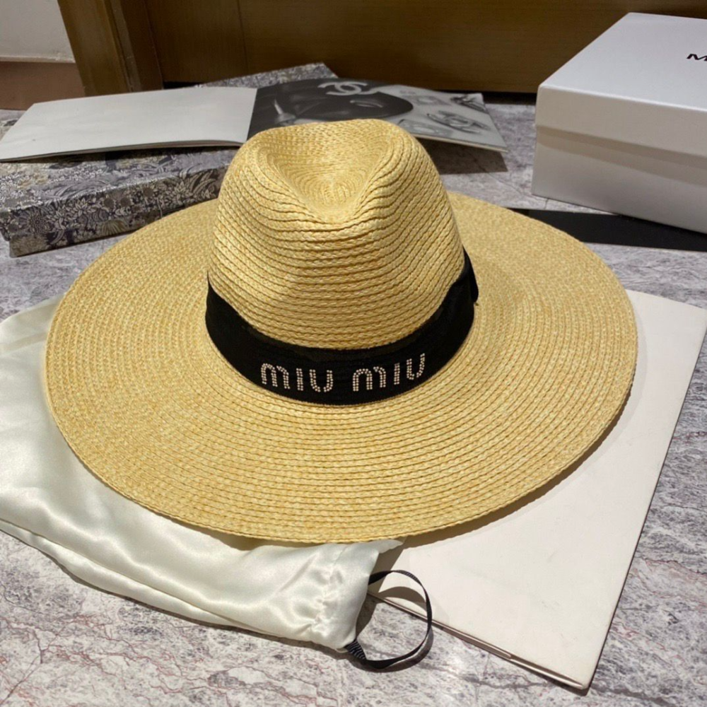 Miu Miu Beige Black Beach Hat-thumb-0