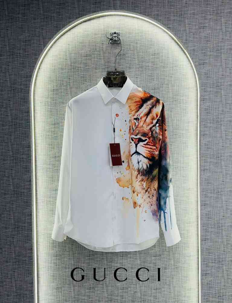White Gucci Lion Print Black Premium Quality Cotton Shirt