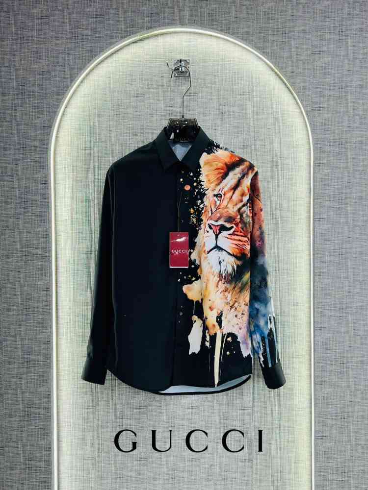 Gucci Lion Print Black Premium Quality Cotton Shirt-thumb-0