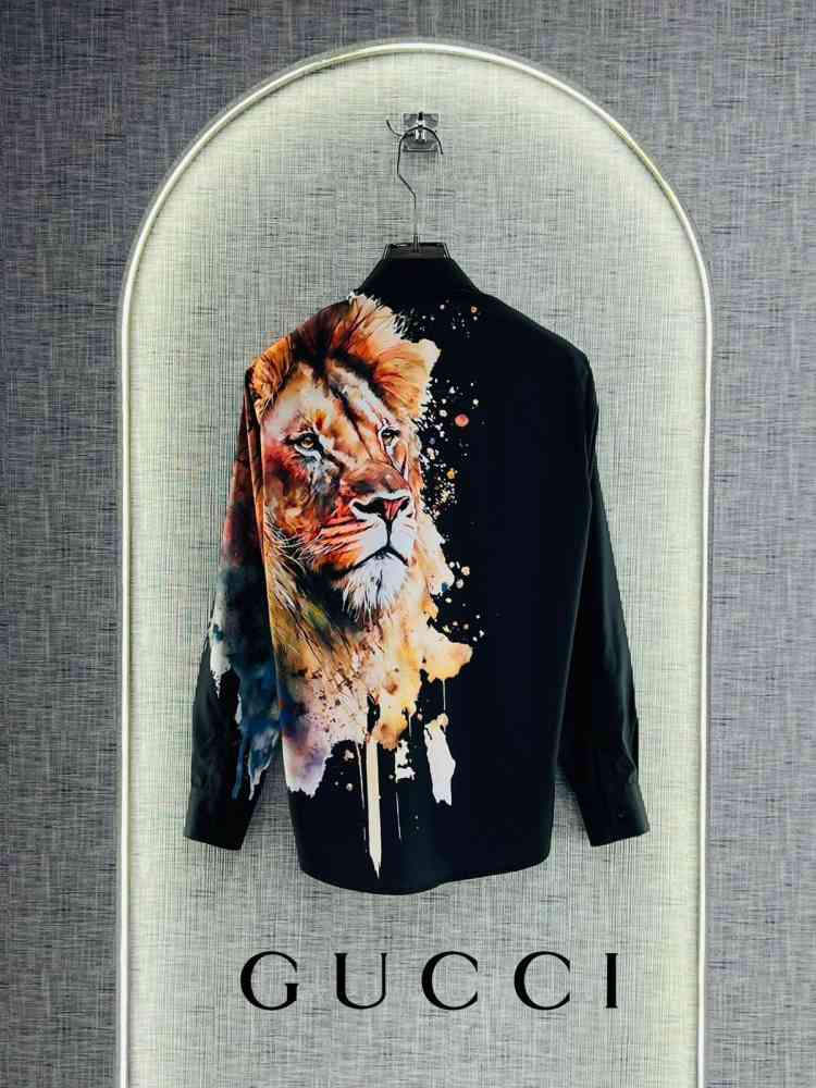 Gucci Lion Print Black Premium Quality Cotton Shirt-thumb-1