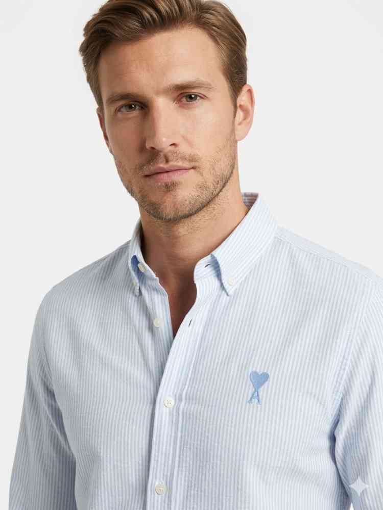Sky Blue Ami Paris Heart Logo Yellow Striped Shirt