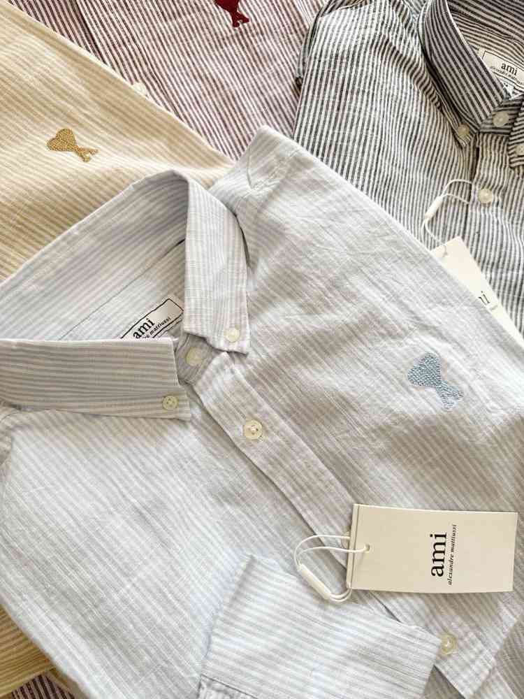 Ami Paris Heart Logo skyblue Striped Shirt-thumb-1