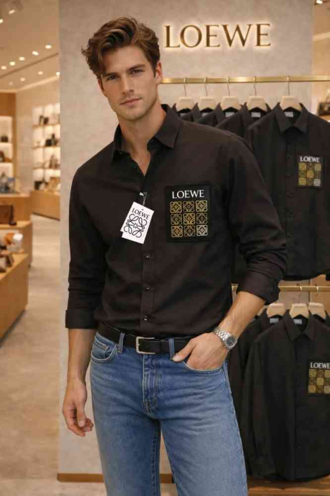 Dark Brown Loewe Embroidered Black Premium Cotton Shirt