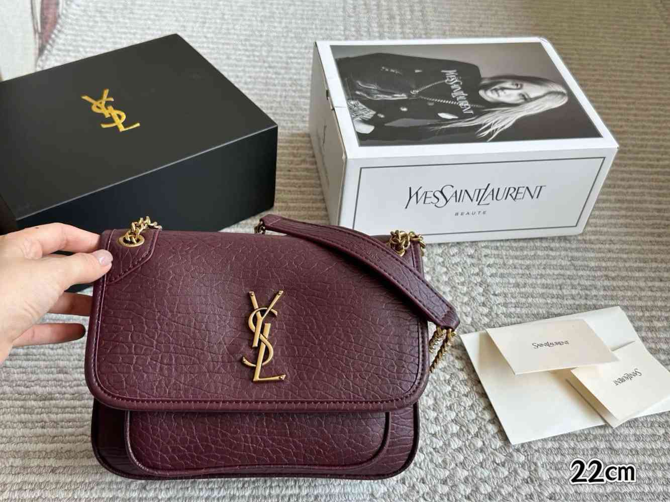 Wine Ysl Niki Grained Black Shoulder Bag